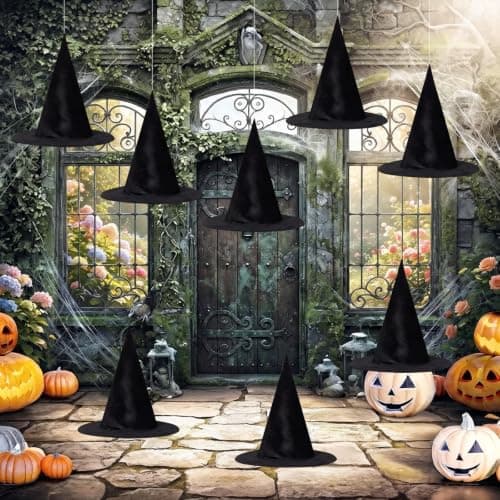 ZeeDix 8 Pcs Halloween Witch Hat, Black Hanging Witch Hats with Rope
