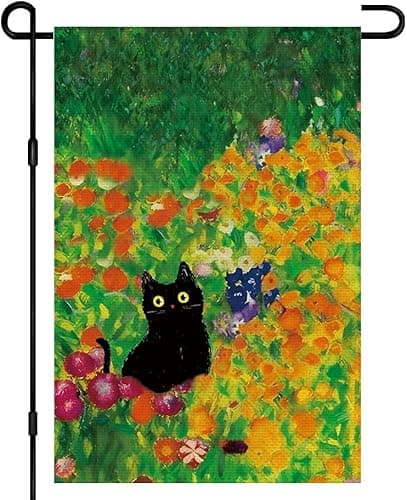 Spring Cat Garden Flag 12x18 Inch Double Sided for Outside, Small Burlap Colorful Floral Farmhouse Seasonal Yard Decoration