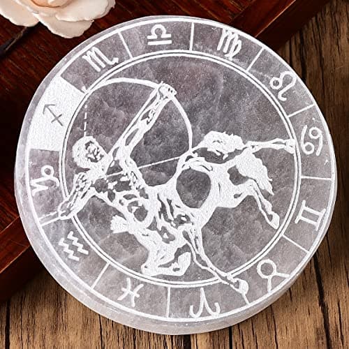 JIC Gem Round Etched Selenite Charging Plate 12 Star Engraved Selenite Slab Healing Crystal Charging Station 4 Inch