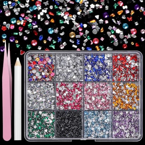 Colorful Crystal Rhinestones Nails Gems, Multi-Shape Rhinestones for Bedazzling Kit, 3D Mini Heart Star Flower Nails Diamonds Crystals Jewels for Crafts, Nail Art Charms for Nail Crafting Face Makeup