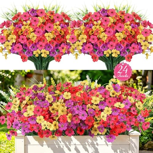 AmberFun 24PCS Fake Flowers Outdoor, UV Resistant Artificial Silk Flowers