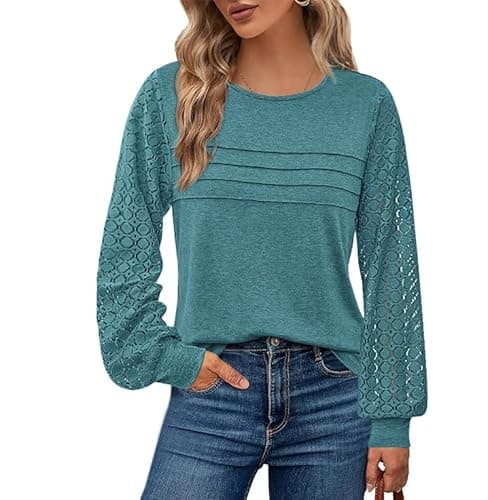 BTFBM Women's Long Sleeve Shirts Dressy Lace Fall Tops 2026 Trendy Business Casual T-Shirts Cute Work Outfits Blouses(Lake Blue, Small)