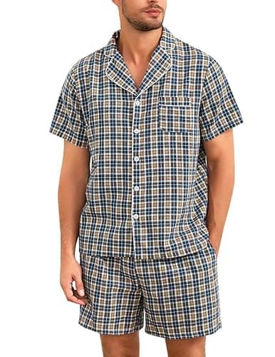 Marvmys Cotton Pajama Set for Men Button Down Pjs Set Two Pieces Short Sleeve Sleepwear with Pockets Yellow Plaid S