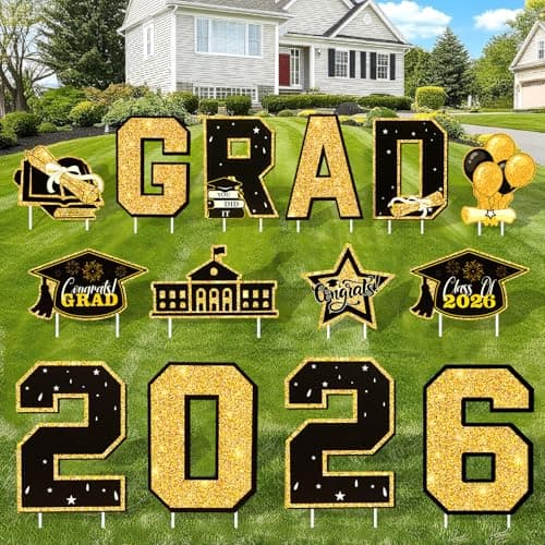 14 PCS Graduation Yard Signs Class of 2026, Graduation Decorations Congrats Grad Signs with Stakes for Outdoor Lawn, 2026 Graduation Party Decorations for School College Party Supplies(Black Gold)