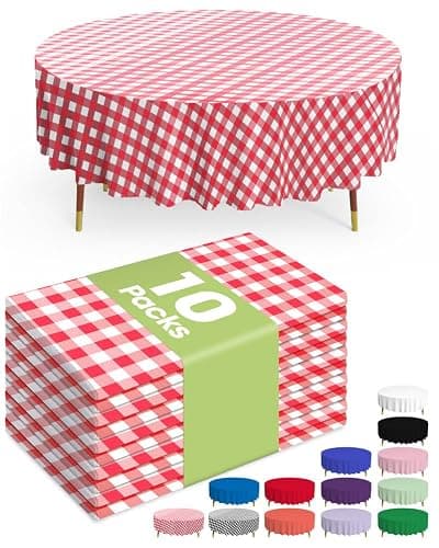 Pureegg Plastic Table Cloth Disposable 10 Pack, 84'' Round Table Cloths, Party, Picnic, Decorative Gingham Tablecloths, Round, Red and White Checkered Cover, Leakproof & Sturdy, Red Plaid