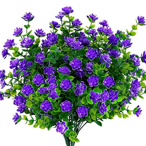 KLEMOO 8 Bundles Outdoor Artificial Fake Flowers UV Resistant No Fade Boxwood Faux Plastic Plants for Garden Patio Porch Window Box Home Wedding Farmhouse Décor (Purple)
