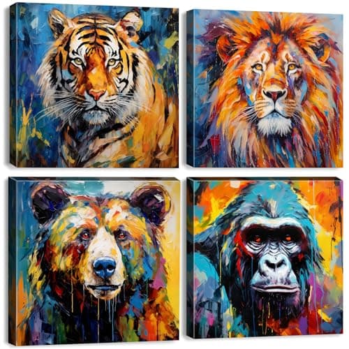 Graffiti Lion Wall Art Colorful Animals Pictures for Living Room Texture Chimpanzees Bear Tiger Wall Decor Kids Bedroom Abstract Forest Wildlife Artwork Living Room Nursery Home Decorations 12x12" 4P