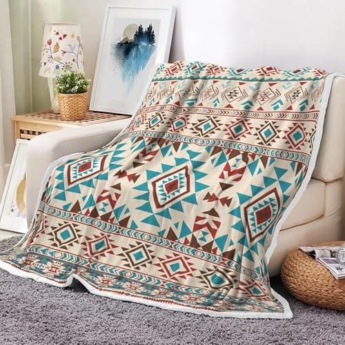 Bzhilja Western Throw Blankets,Southwestern Aztec Native Tribal Navajo American Ethnic Triangular Geometric Vintage Cozy Warm Bed Couch Blanket, Boho White Fleece Flannel Throws Decorate Room Bedroom