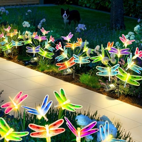 Anordsem Solar Garden Lights Outdoor: 32 Removable Fiber Optic Fabric Dragonflies 4 Pack - Waterproof Fun Animal Decoration for Yard Patio - Gardening Gifts for Garden Lovers