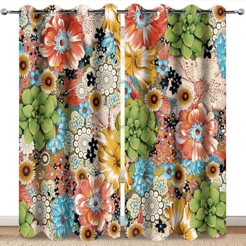 MissHope Boho Flower Floral Blackout Curtains Bohemian Colorful Flowers Spring Summer Decor for Women Girls Bedroom Study Classroom Living Room Darkening Grommet Window Drapes 2 Panel Set, 52x84 Inch