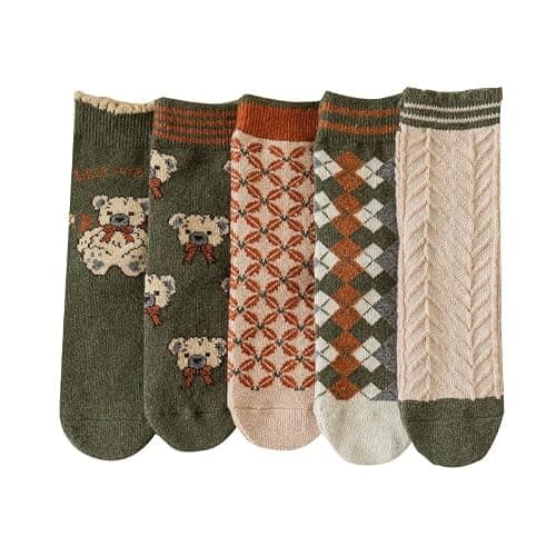 5/10 Pairs Wool Socks for Women Thick Knit Cozy Vintage Cute Animal Floral Crew Socks (5 Pairs-Green)