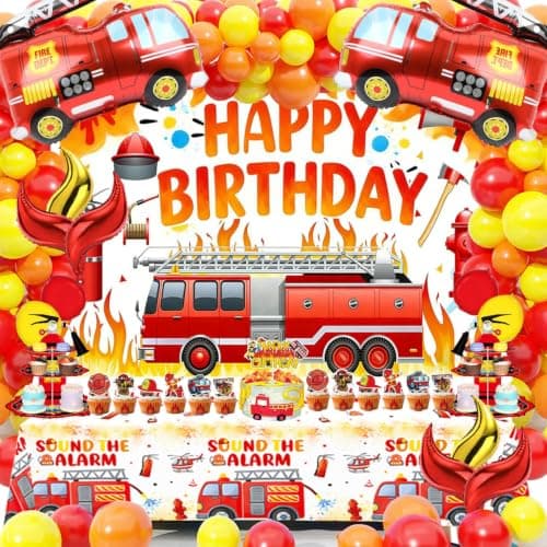 Fire Truck Birthday Party Decorations Kit – 69Pcs Set with Backdrop, Table Cover, Fire Truck & Flame Foil Balloons, Cake Toppers, Latex Balloons for Firefighter Rescue Party, Room Decor