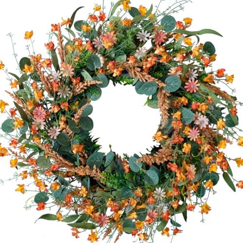 22" Artificial Fall Wreath for Front Door Autumn Wreaths with Eucalyptus Leaf Mixed Grain Daisies and Forsythia for Indoors Outside Home Decoration(Green)