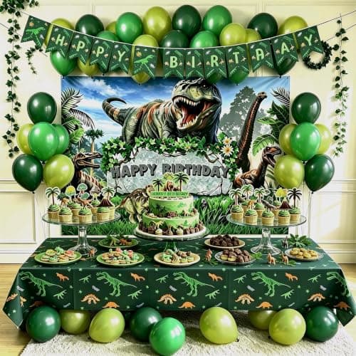 Dinosaur Birthday Party Decorations for Boys - Complete Kids Dino Party Supplies with Backdrop, Tablecloth, Birthday Banner, Cake Toppers, Balloons Kit & Tattoo Stickers