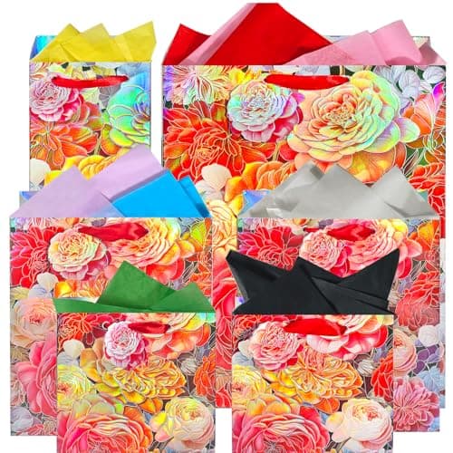 6 Pcs Gift Bags - Assorted Sizes with Tissue Paper for Mother's Day, Birthday and Celebrations (Large Red Peony Floral & Floral Label)
