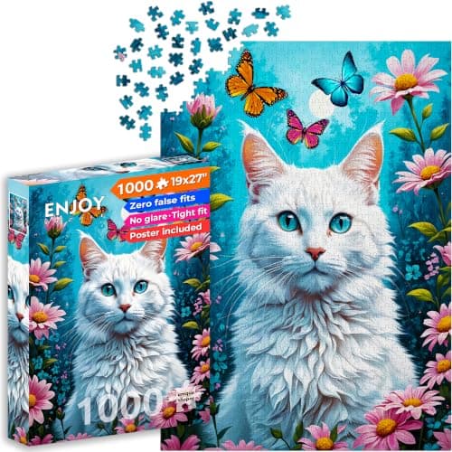 1000 Piece Jigsaw Puzzle for Adults - White Cat in Flower Garden, Kitten & Butterflies | Matte Anti-Glare Finish | Fun & Challenging Puzzle | 27x19 in | Unique Gift | Enjoy