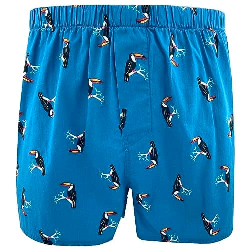 ROCK ATOLL Men's Bright Bold Funny Novelty Print Cotton Boxer Shorts Underwear (Small, Blue Toucan Print)