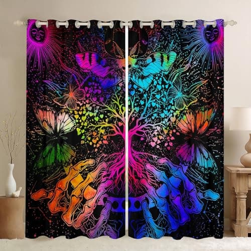 Tree of Life Curtains Boho Moth Blackout Curtains Bohemian Butterfly Curtains & Drapes 76Wx45L,Trippy Moon Phase Curtains Hippie Hand Skeleton Window Drapes Phychedelic Celestial Bedroom Decor