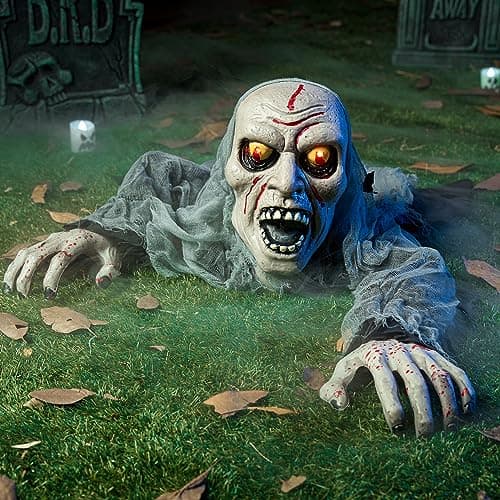 JOYIN Halloween Decorations Outdoor Light-Up Zombie Groundbreaker with bloodstain and Creepy Sound for Halloween Outside Decor Lawn Yard Patio Graveyard Decoration, Haunted House Prop
