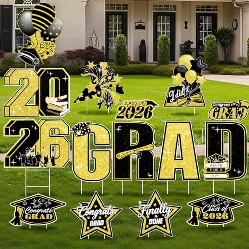 GXGGUS 15 PCS Graduation Yard Signs Class of 2026 Decorations, 2026 Graduation Decorations - Large 4FT Tall Congrats Grad Lawn Sign Set with H-Stake & Fiberglass Rods, Waterproof Outdoor & Indoor Graduation Party Decor, Black and Gold