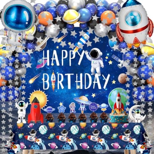 Outer Space Birthday Party Decorations – 96Pcs Set with Backdrop, Table Cover, Star Garland, Rocket & Astronaut Foil Balloons, Cake Topper, Latex Balloons for Space Party, Room Decor
