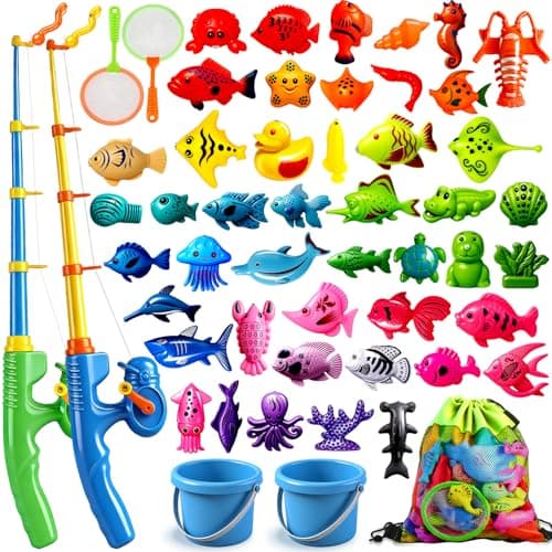 CozyBomB™ Magnetic Fishing Toys Game Set for Kids | Water Table Bathtub Kiddie Pool Party Pole Rod Net, Outdoor Plastic Floating Fish, Toddler Bath Color Ocean Sea Animals Easter Gift Age 3-5 6 4-8