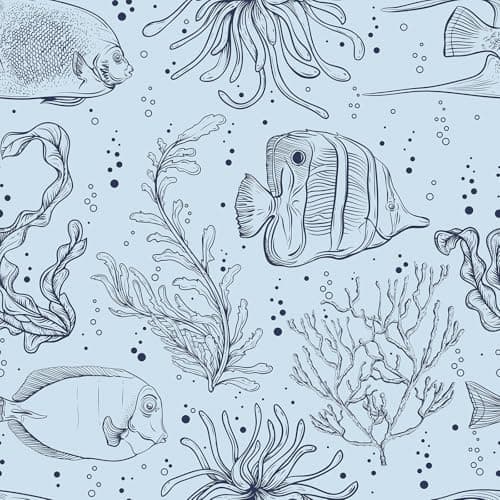 FunStick Ocean Blue Wallpaper Peel and Stick Coastal Wallpaper Prepasted Blue Fish Wall Paper for Bathroom Bedroom Removable Vinyl Light Blue Seaweed Coral Reef Beach Contact Paper for Walls Cabinets