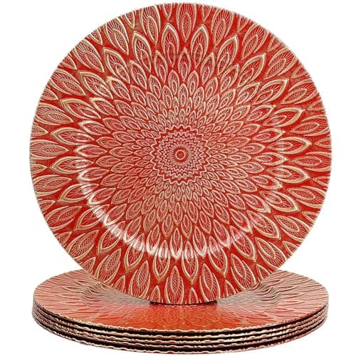 SforGUVA Red Charger Plates, 13 Inch Set of 6 Plastic Peacock Chargers for Dinner Plates,Table Settings, Easter, Thanksgiving, Christmas Party, Family Gathering.