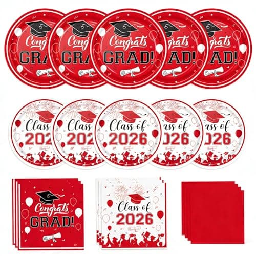 XIENBLOC Graduation Party Plates Napkins 2026 Graduation Party Supplies Red Paper Plates Cocktail Napkins for Congrats Disposable Grad Decorations Serve 50