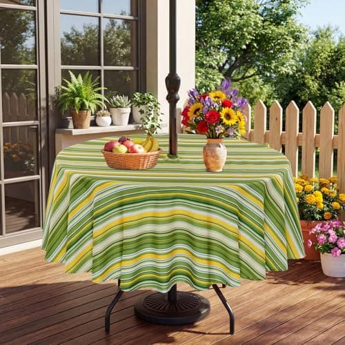 Eternal Beauty 70" Round Tablecloth Waterproof Outdoor Tablecloth with Umbrella Hole Zipper for Spring Summer Patio Picnic Tables (Green Stripe, 70" Round)