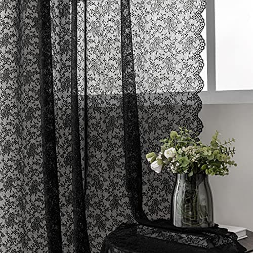 FINECITY Black Lace Curtains for Bedroom W52 x L63 Inch, 2 Panels