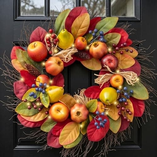 Valery Madelyn 24'' Collapsible Pre-Lit Fruits Fall Wreath for Front Door
