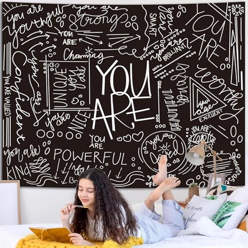 Miytal Quote You Are Inspirational Wall Tapestry, Positive Saying Wall Art Wall Hanging Black Aesthetic Tapestry for Teen Girl Bedroom Dorm 59.1 x 80 Inches - Black