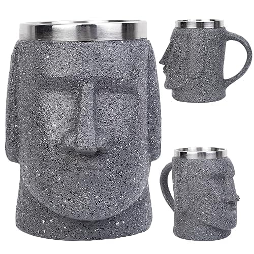 JIUMOZHI Moai Mug Resin Beer Stein 304 SS Liner Wine Goblet Coffee Mug Handmade Creative Present Home Decor Capacity 14.6 OZ