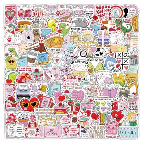 120Pcs Valentine Stickers Pack, Cute Love Themed Bookish Stickers with Book & Reading Designs for Water Bottle, Laptop, Scrapbooking, Journals, Planner, Valentine's Day Cards and Gifts