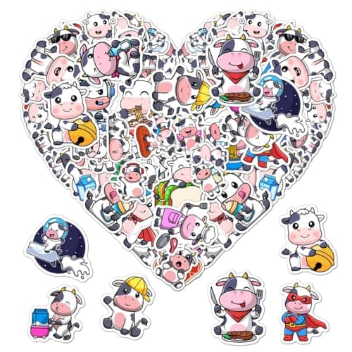 Pack 50 Pcs Cute Animal Strawberry Cow Stickers for Water Bottles Waterproof Laptop Luggage Cups Computer Teens Adults Girls Boys Funny Aesthetic Sticker Packs Small Vinyl Decals