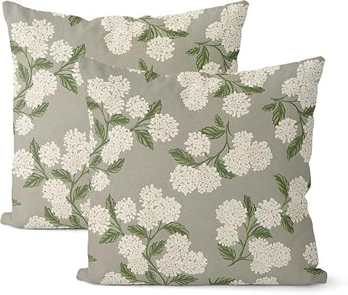 DAFENA Grey Spring Pillow Covers 16x16 Inch 2 Pcs Gray Green Hydrangea Flower Decor Throw Pillows Vintage Floral Seasonal Summer Outdoor Decoration Pillowcase Linen Cushion Cover for Couch Sofa