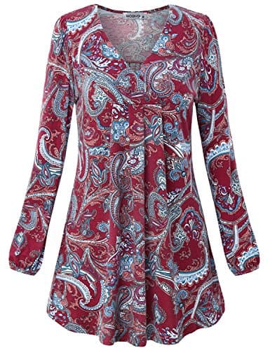 MOQIVGI Flower Shirt, Women Chic Long Sleeve Top Pretty Retro Patterned Dressy Tunic Classy Stretchy Printed Daily Wear V Neck Casual A-line Trapeze Blouse Wine Large