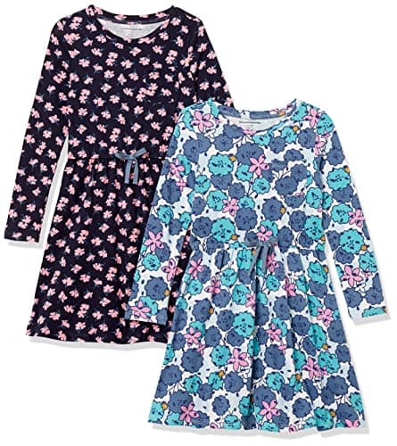 Amazon Essentials Girls' Long-Sleeve Elastic Waist T-Shirt Dress, 2-Pack Blue Pom/Navy Floral, Small