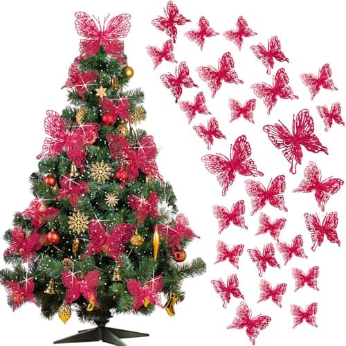 Jutom 36 Pcs Christmas Tree Butterfly Ornaments 3 Sizes 3D Glitter Hollow Butterfly Decorations Xmas Butterflies Wall Hanging Decor with Clips and Stems for Christmas Tree Wreath (Rose Red)