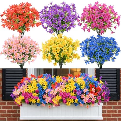 PABREY 24 Pcs Artificial Flowers for Outdoors, UV Resistant Outdoor Fake Flowers Realistic Faux Silk Flowers for Front Porch Patio Window Garden Home Decor (24, Mixed Colors)