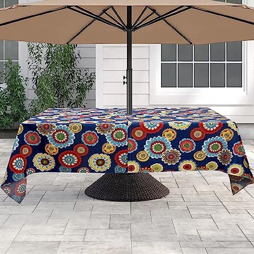 60"x84" Rectangle Tablecloth with Umbrella Hole and Zipper, Washable Waterproof Wrinkle Free Zippered Patio Table Cloths Table Covers for Spring, Party, Backyard, Picnic, BBQS (Floral Navy)