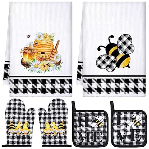 Bencailor 6 Pcs Bee Kitchen Towels Oven Mitts and Oven Holders, Honey Gnome