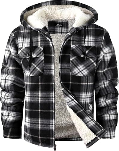 SCODI Men's Flannel Shirt Jacket Fleece Sherpa Lined Plaid Jackets Coat Full Zip Up Hoodie Winter Outwear Black White 3X-Large