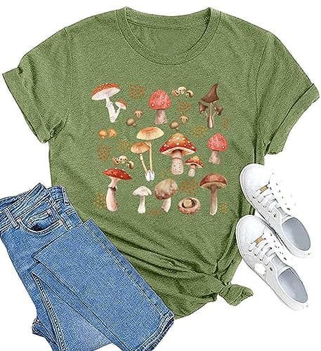 MAIHUN Mushrooms Shirts for Women Mycology Tshirt Fungi Lover Tee Mushroom Graphic Short Sleeve Green
