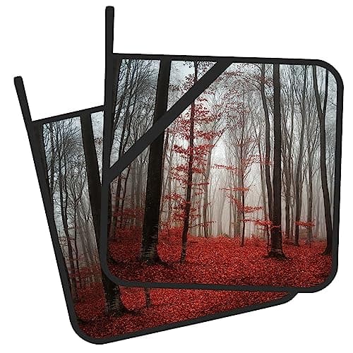 Gearsly Pot Holder Set of 2,Misty Forest Red Kitchen Heat Resistant Potholder for BBQ Cooking Baking,Food Hot Pat for Women Men Kitchen Wear