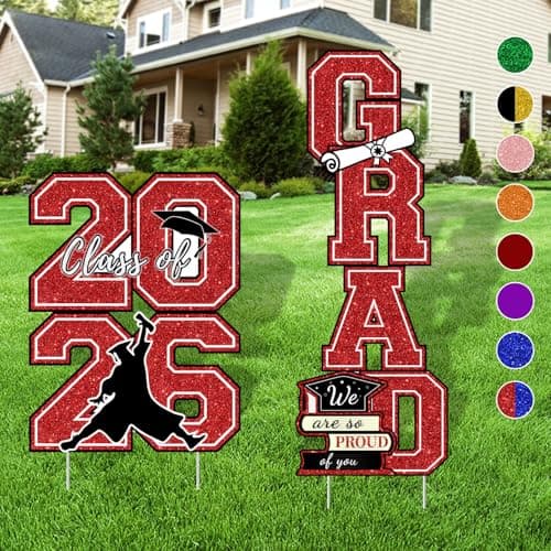 Graduation Yard Sign Class of 2026 Decorations - 4pcs Large Size Red Glittering Congrats Grad Class of 2026 Outdoor Lawn Decor with Stakes for High School College Graduation Party Decorations Supplies