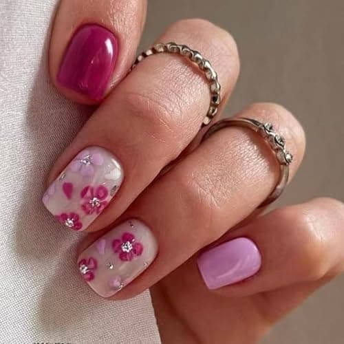 Short Square Press on Nails Purple Fake Nails with Flower Designs Summer Spring Artificial Acrylic Pink Red Fingernail Nails Extra Short Nails Press ons Gel Stick on Nails for Women 24pcs