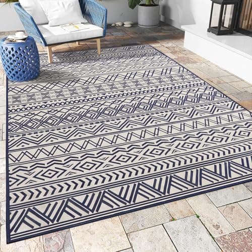 Outdoor Rug Carpet 4x6 ft, Flatweave Textured Outdoor Patio Rug Non Slip Indoor Outdoor Rugs with Rubber Particles Backing Boho Outdoor Area Rug for Patio Deck Front Porch Backyard Balcony, Navy