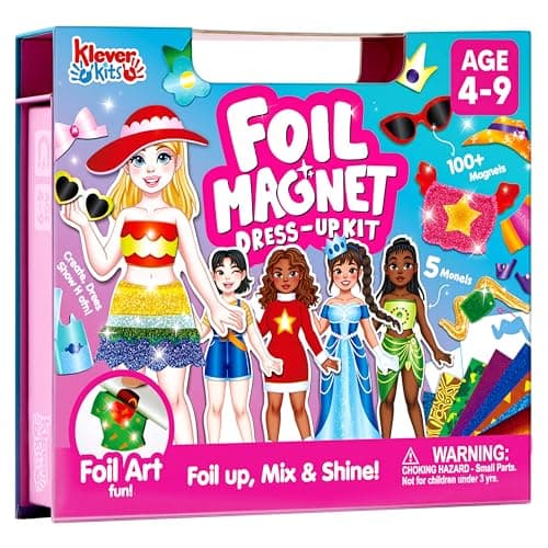 JOVA Klever Kits Foil Magnet Dress-Up Kit, 2-in-1 Fashion DIY Craft for Kids Paper Dolls for Girls Ages 4 5 6 7 8 9 Travel Activity Birthday Gifts with Display Box